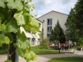 Studierende sitzen am Grillplatz der Schule
